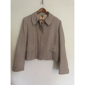 Ellen Tracy Womens 16 Cropped Grid Pattern Blazer Jacket Tan Black Button Front